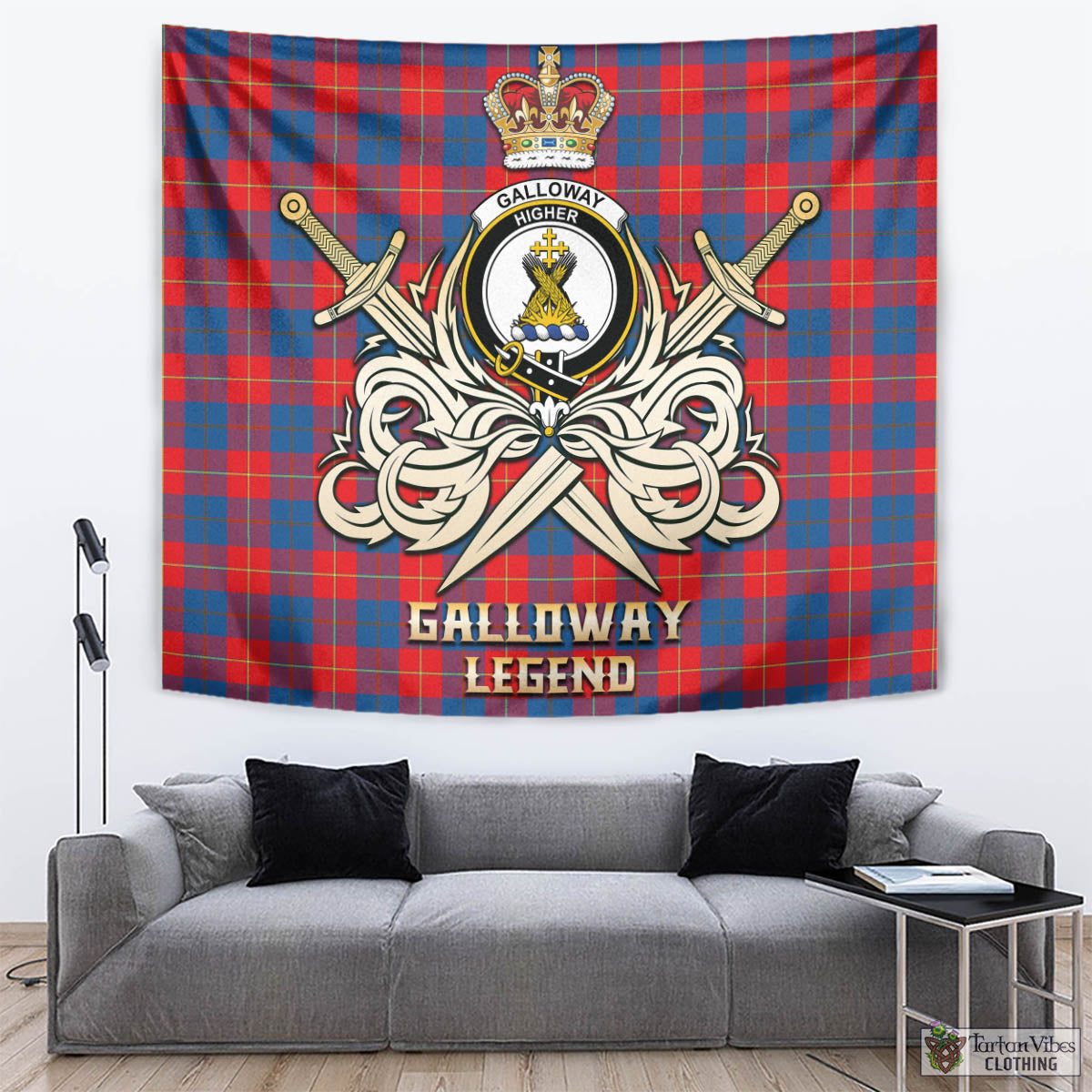 Tartan Vibes Clothing Galloway Red Tartan Tapestry with Clan Crest and the Golden Sword of Courageous Legacy