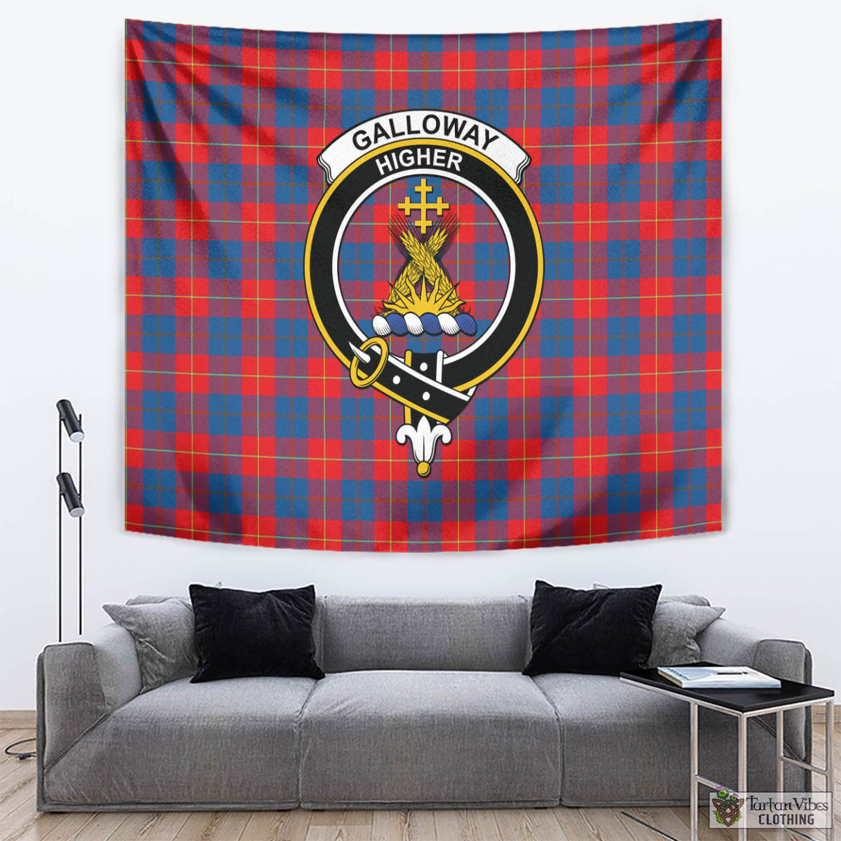 Tartan Vibes Clothing Galloway Red Tartan Tapestry Wall Hanging and Home Decor for Room with Family Crest
