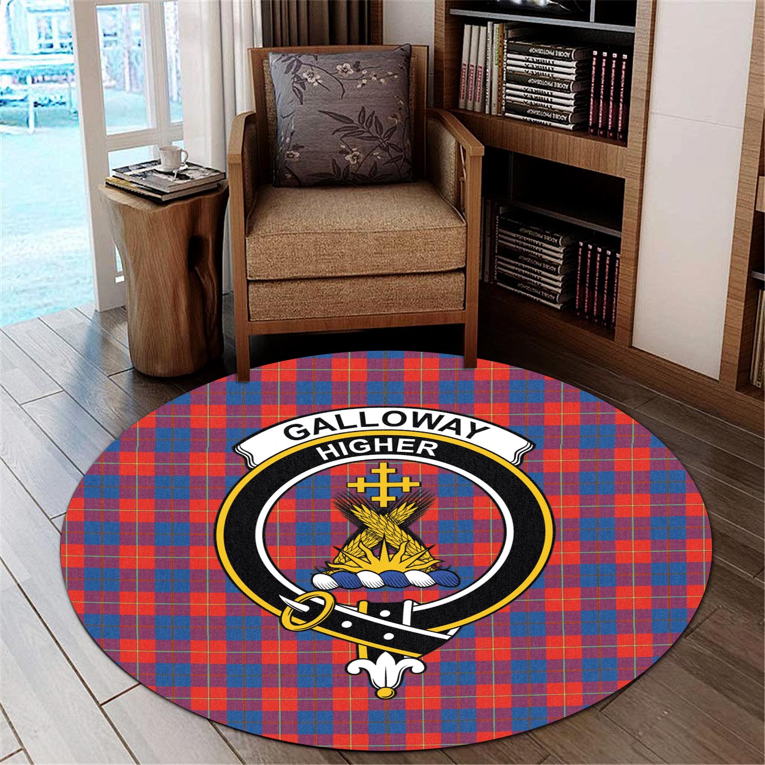 galloway-red-tartan-round-rug-with-family-crest