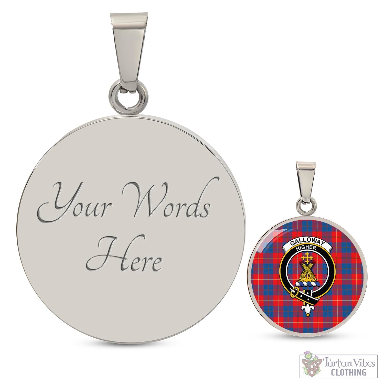 Tartan Vibes Clothing Galloway Red Tartan Circle Necklace with Family Crest