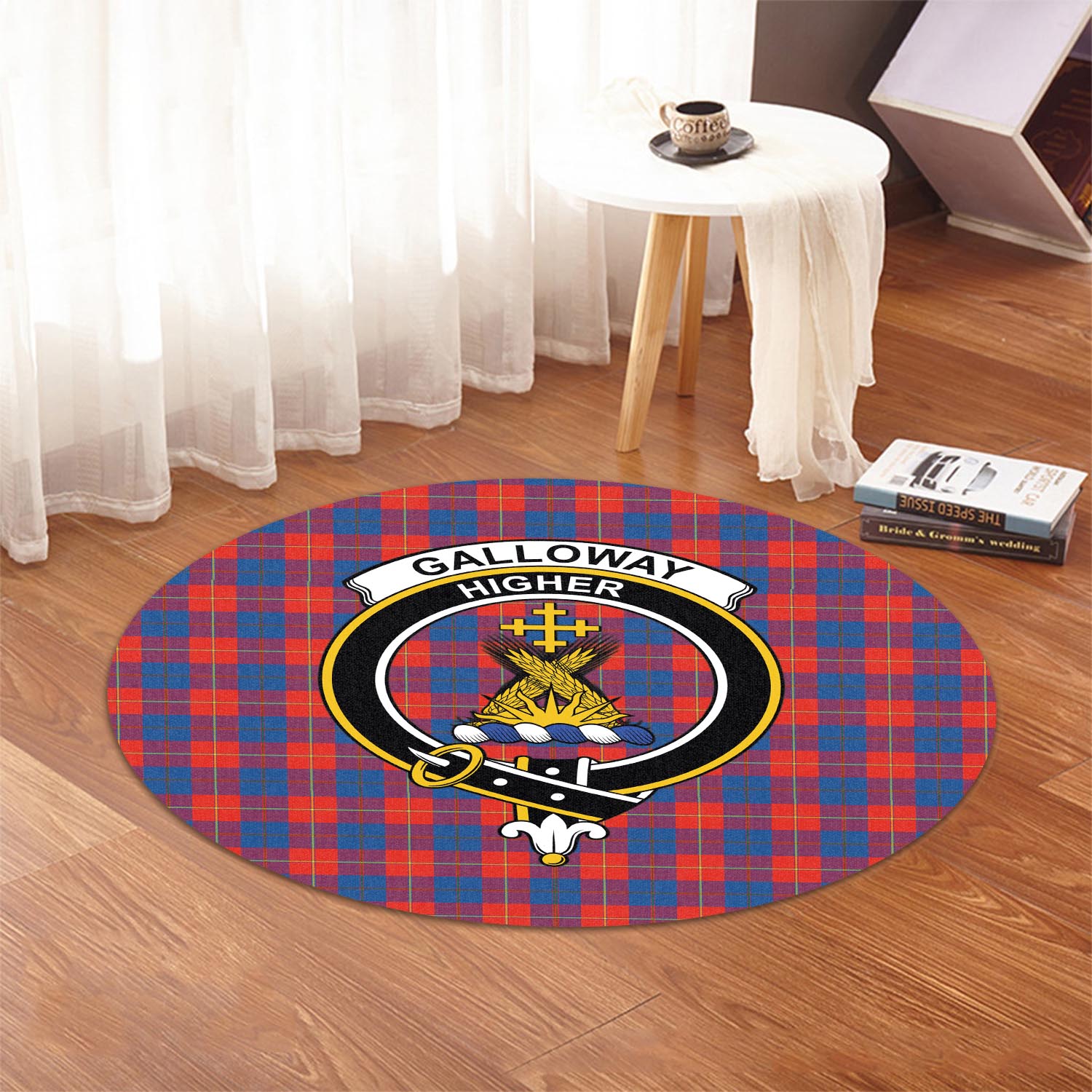 galloway-red-tartan-round-rug-with-family-crest