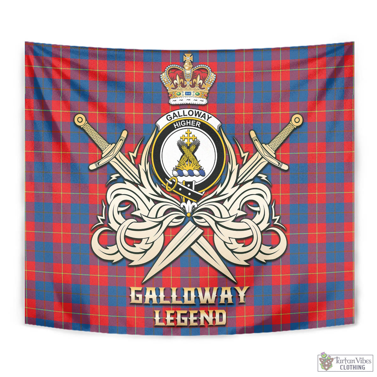 Tartan Vibes Clothing Galloway Red Tartan Tapestry with Clan Crest and the Golden Sword of Courageous Legacy