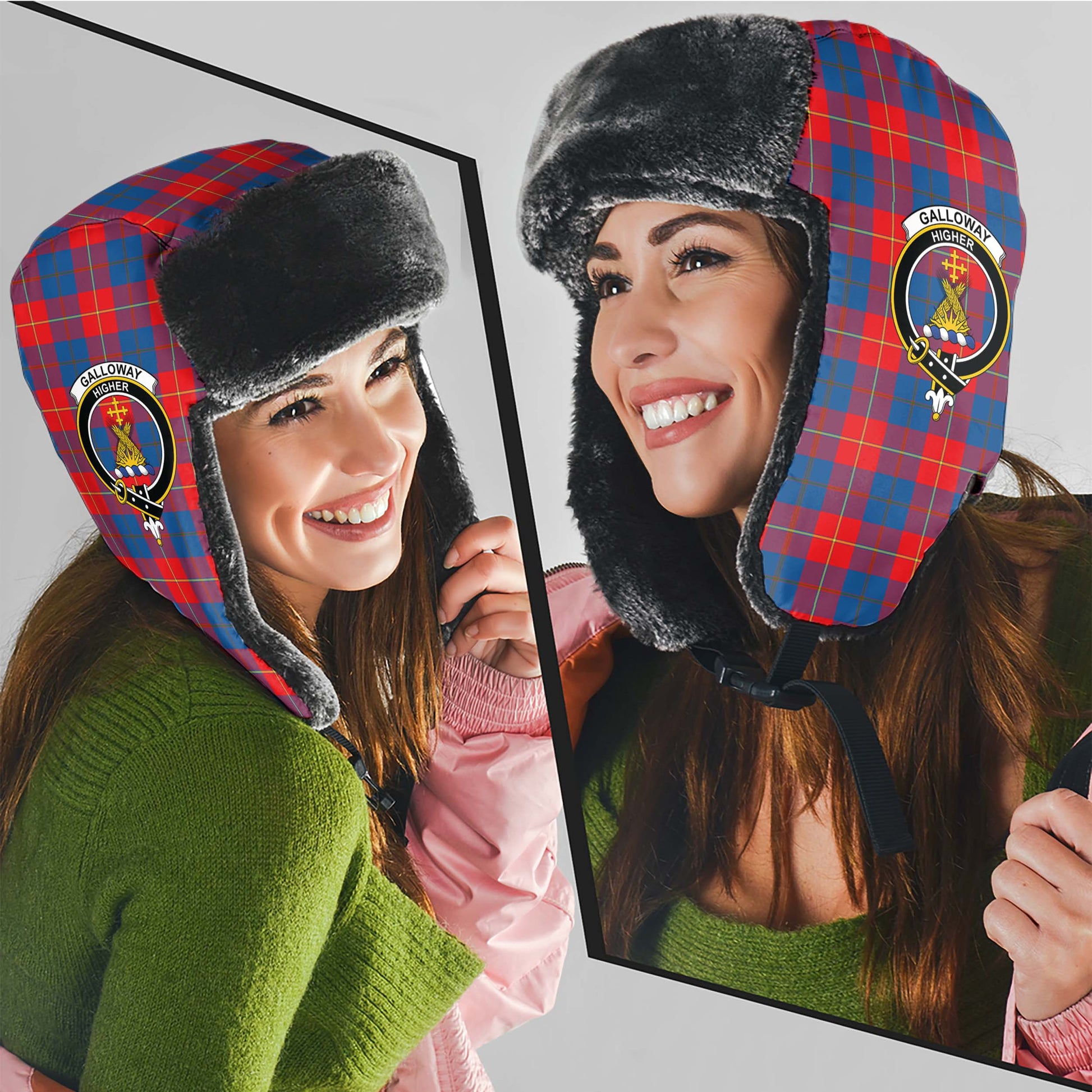 Galloway Red Tartan Winter Trapper Hat with Family Crest - Tartanvibesclothing