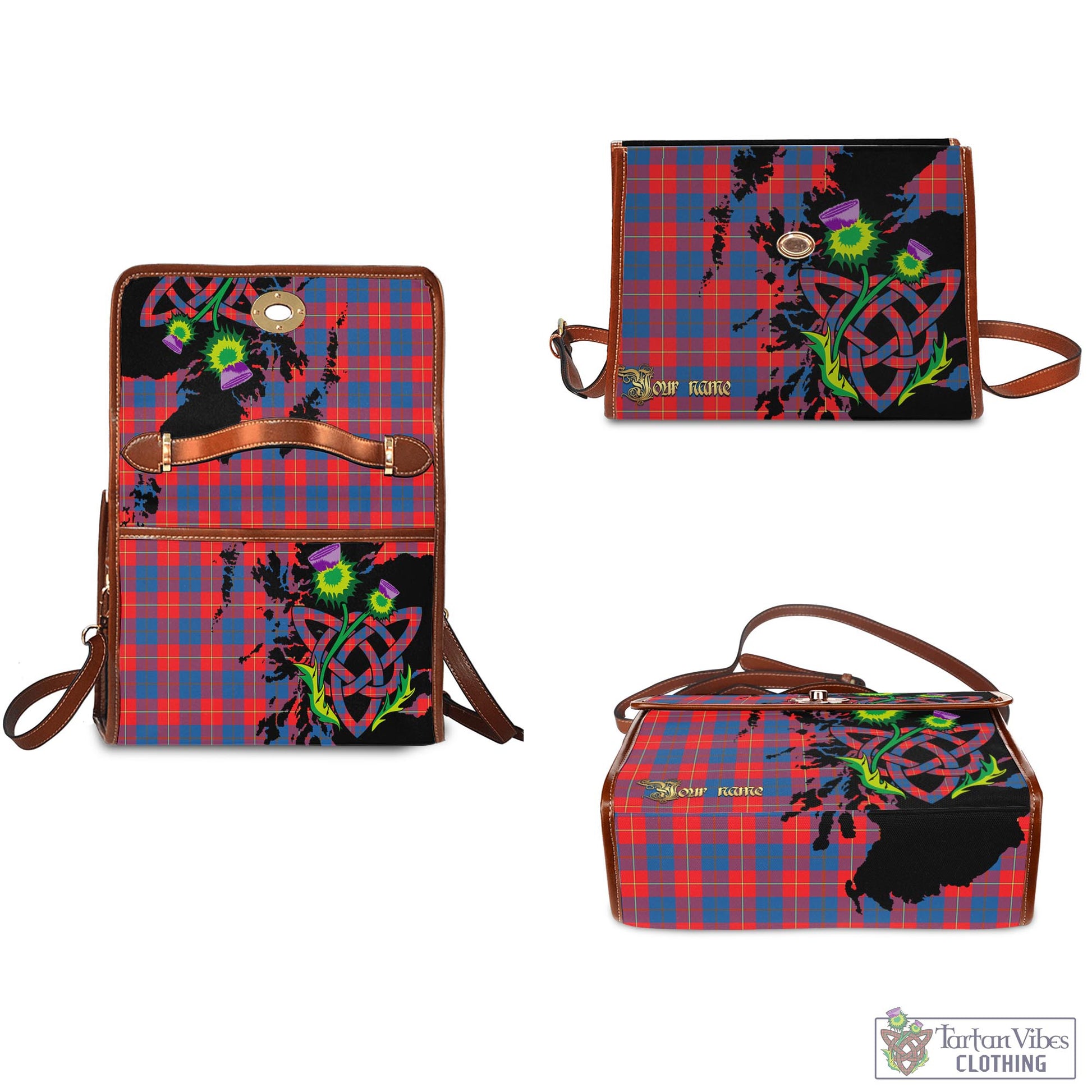 Tartan Vibes Clothing Galloway Red Tartan Waterproof Canvas Bag with Scotland Map and Thistle Celtic Accents