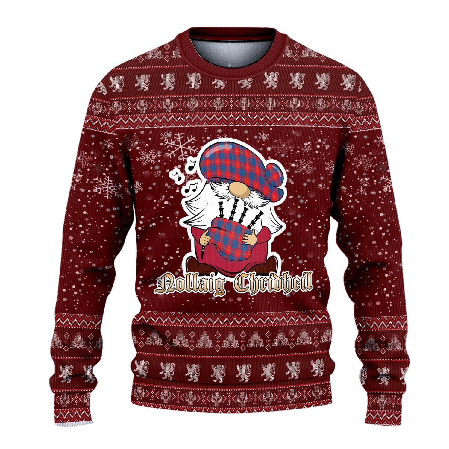 Galloway Red Clan Christmas Family Knitted Sweater with Funny Gnome Playing Bagpipes - Tartanvibesclothing