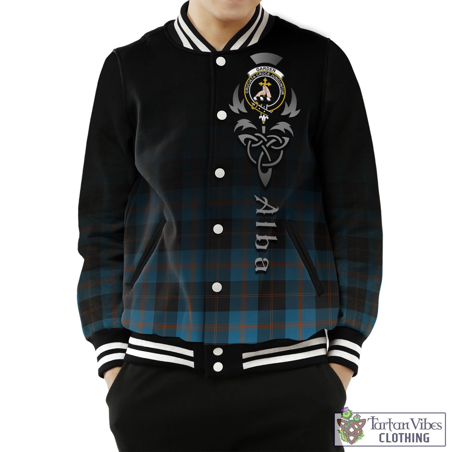 Tartan Vibes Clothing Garden Tartan Baseball Jacket Featuring Alba Gu Brath Family Crest Celtic Inspired