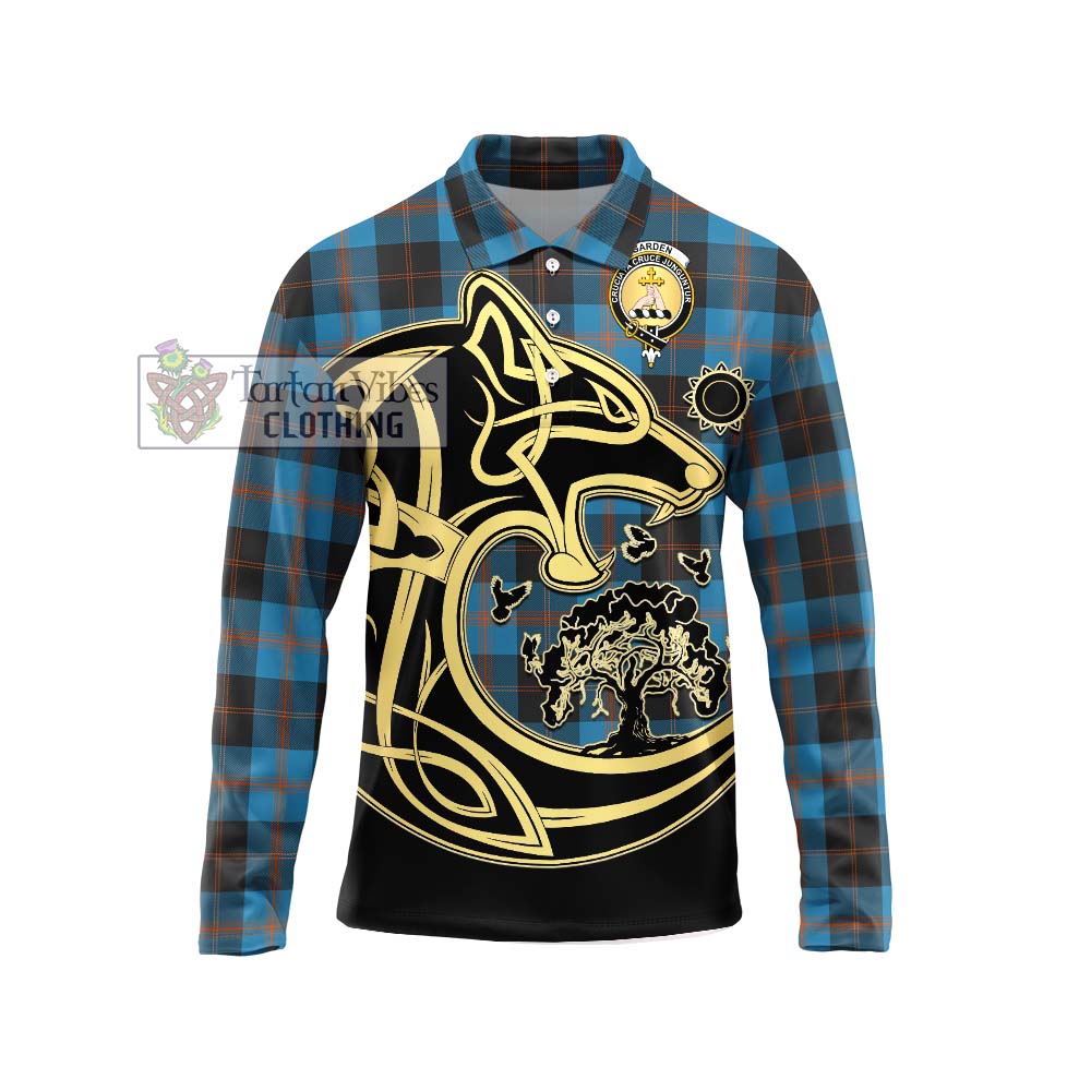 Tartan Vibes Clothing Garden Tartan Long Sleeve Polo Shirt with Family Crest Celtic Wolf Style