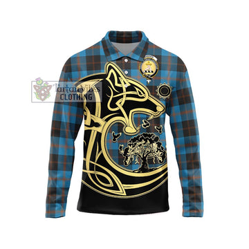 Garden Tartan Long Sleeve Polo Shirt with Family Crest Celtic Wolf Style