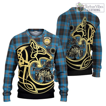 Garden Tartan Knitted Sweater with Family Crest Celtic Wolf Style