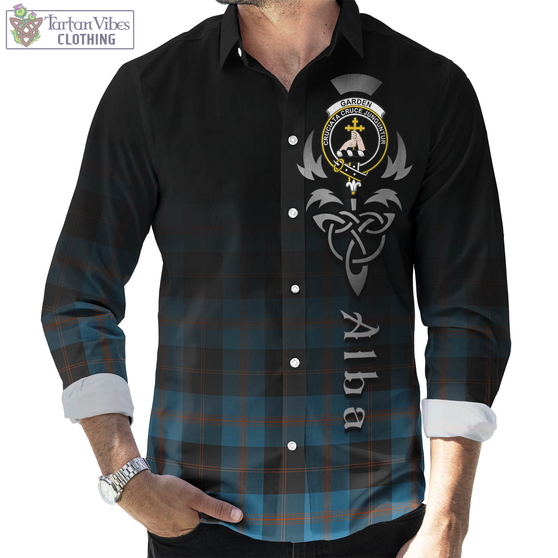 Tartan Vibes Clothing Garden Tartan Long Sleeve Button Up Featuring Alba Gu Brath Family Crest Celtic Inspired