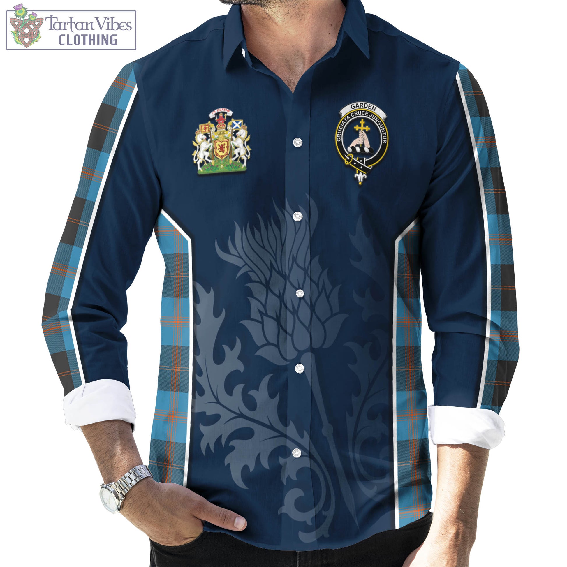 Tartan Vibes Clothing Garden Tartan Long Sleeve Button Up Shirt with Family Crest and Scottish Thistle Vibes Sport Style