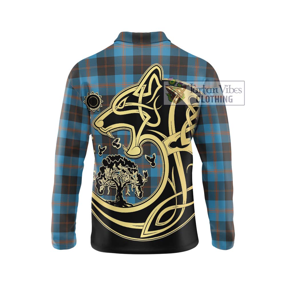 Tartan Vibes Clothing Garden Tartan Long Sleeve Polo Shirt with Family Crest Celtic Wolf Style