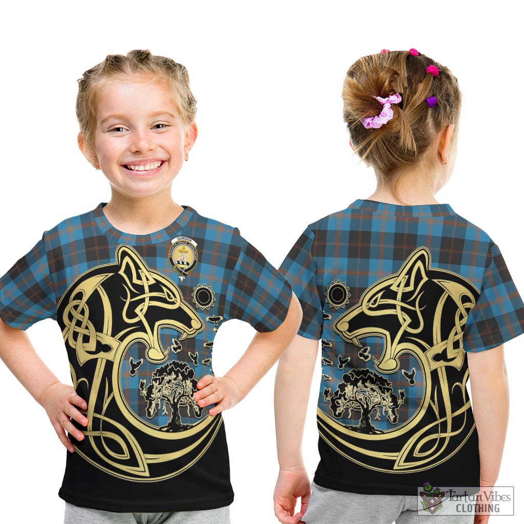 Tartan Vibes Clothing Garden Tartan Kid T-Shirt with Family Crest Celtic Wolf Style