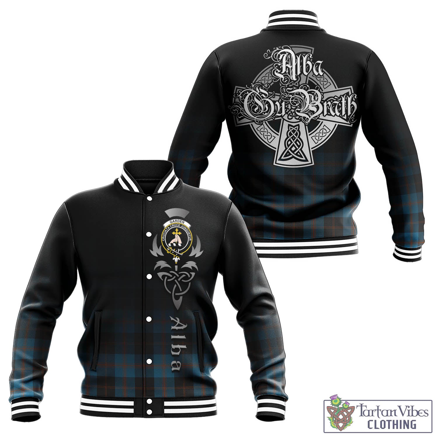 Tartan Vibes Clothing Garden Tartan Baseball Jacket Featuring Alba Gu Brath Family Crest Celtic Inspired