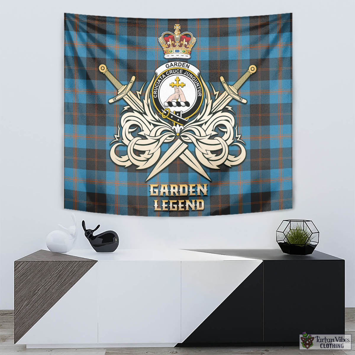 Tartan Vibes Clothing Garden Tartan Tapestry with Clan Crest and the Golden Sword of Courageous Legacy