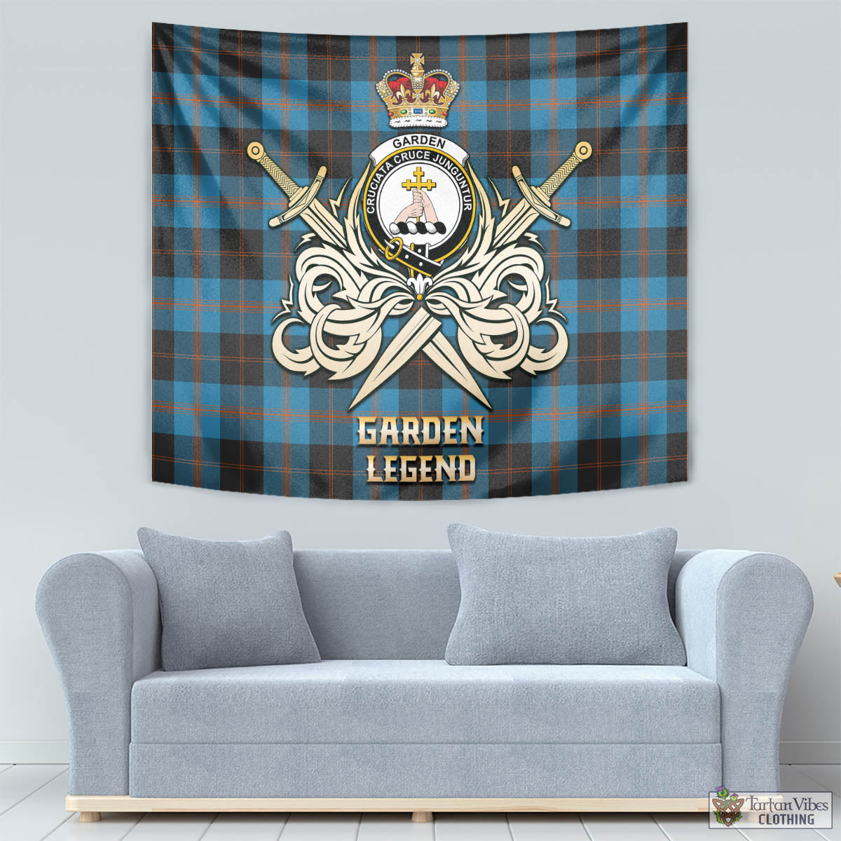 Tartan Vibes Clothing Garden Tartan Tapestry with Clan Crest and the Golden Sword of Courageous Legacy