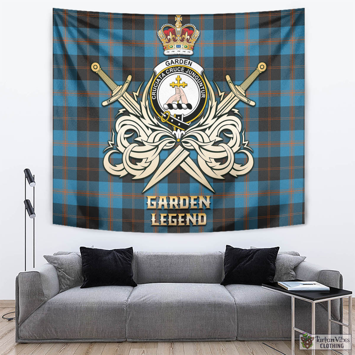 Tartan Vibes Clothing Garden Tartan Tapestry with Clan Crest and the Golden Sword of Courageous Legacy