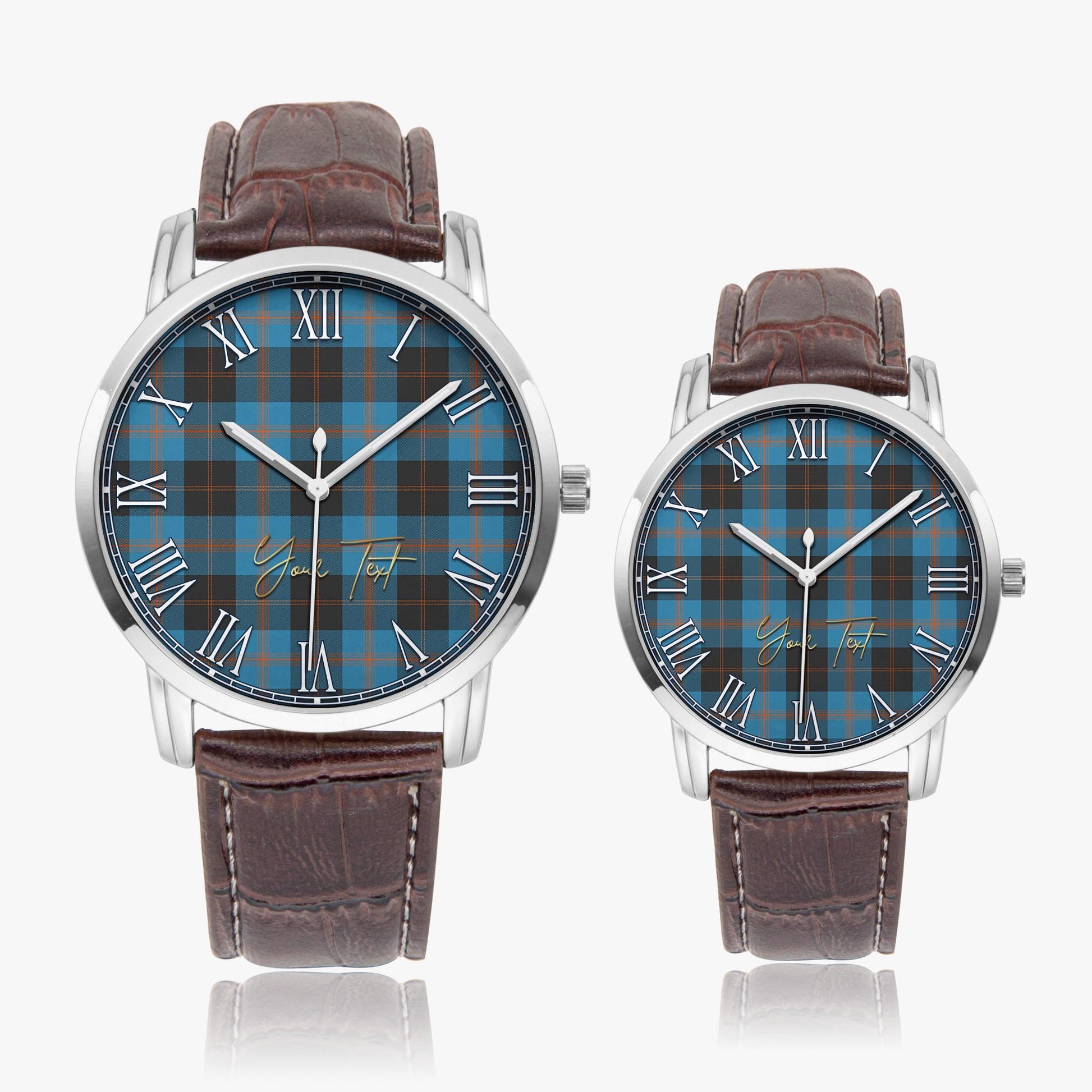 Garden Tartan Personalized Your Text Leather Trap Quartz Watch Wide Type Silver Case With Brown Leather Strap - Tartanvibesclothing