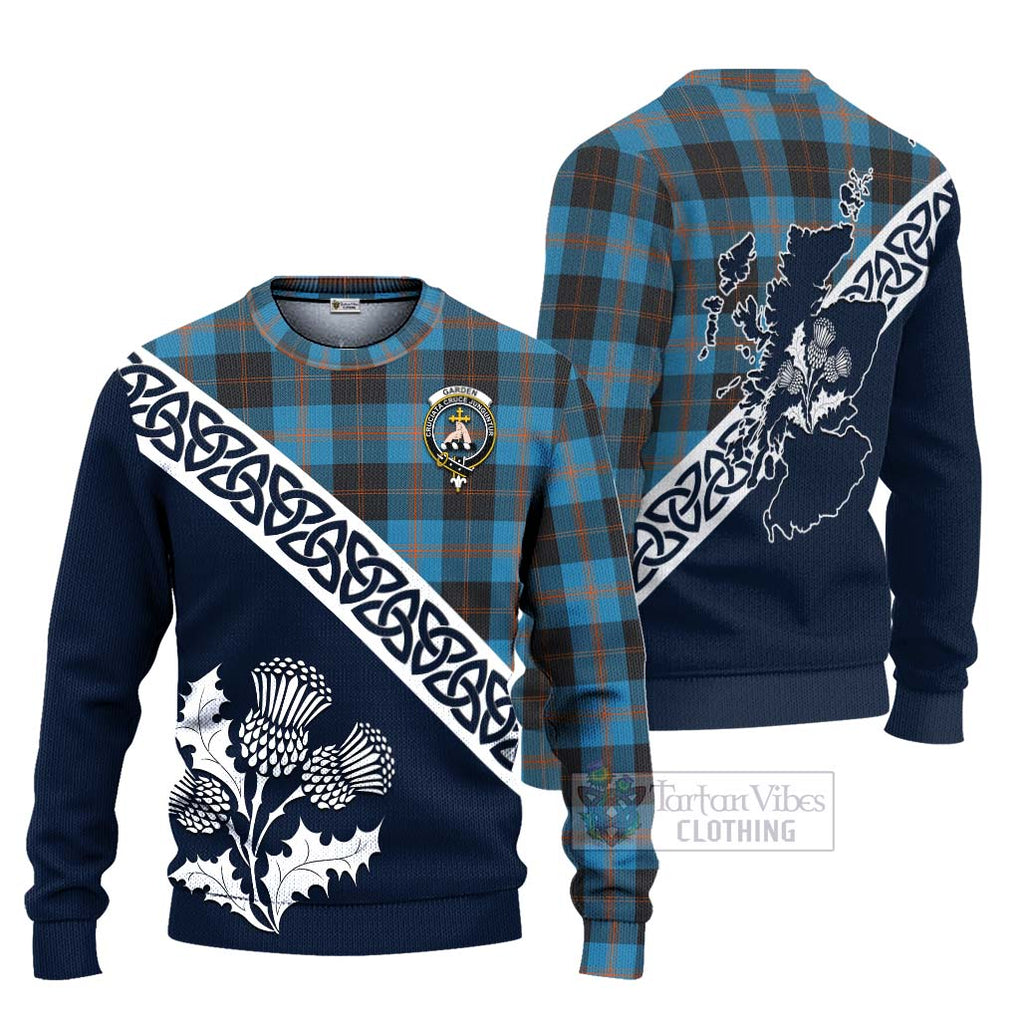 Tartan Vibes Clothing Garden (Gardyne) Tartan Knitted Sweater Featuring Thistle and Scotland Map