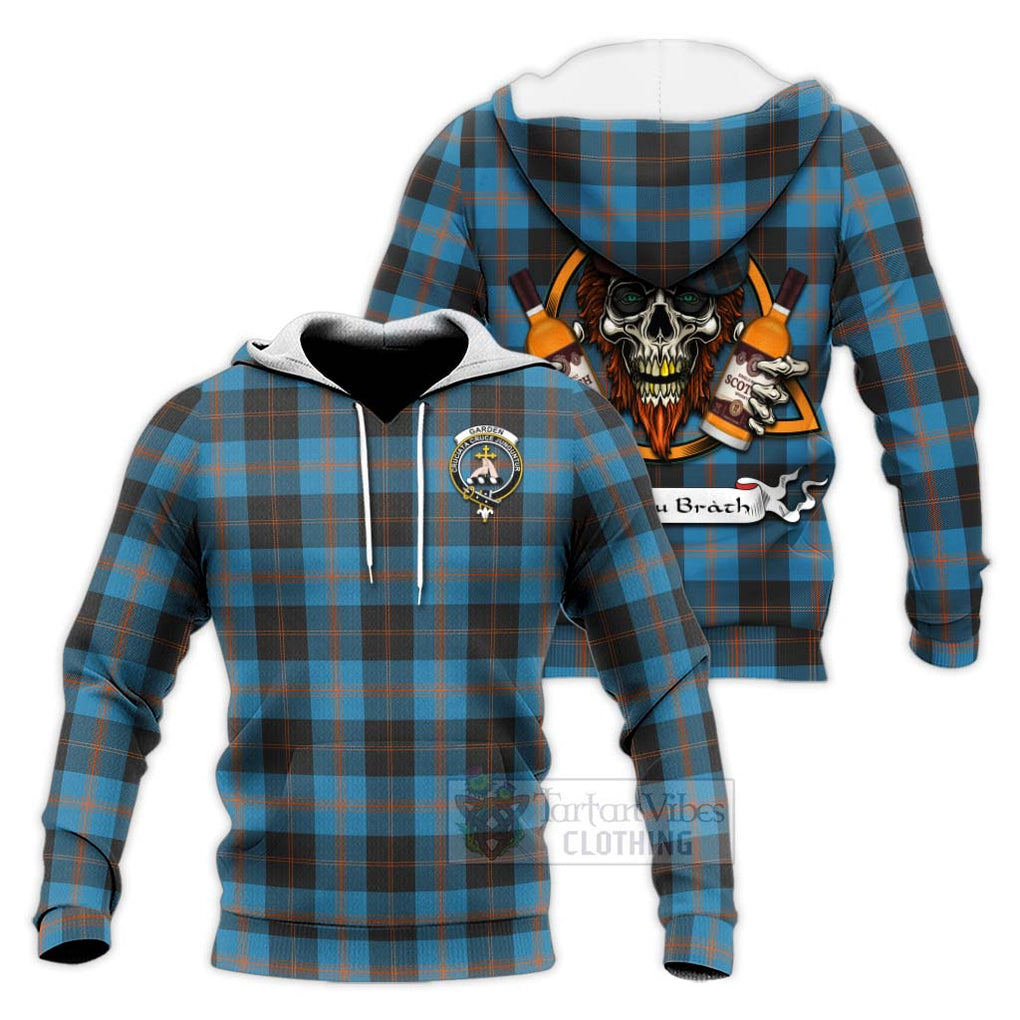 Tartan Vibes Clothing Garden (Gardyne) Tartan Knitted Hoodie with Family Crest and Bearded Skull Holding Bottles of Whiskey