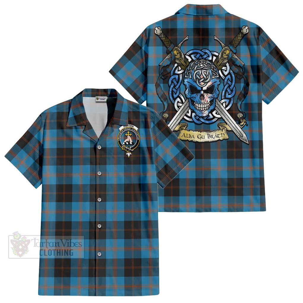 Tartan Vibes Clothing Garden (Gardyne) Tartan Short Sleeve Button Shirt with Family Crest Celtic Skull Style