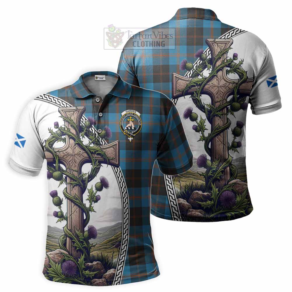 Tartan Vibes Clothing Garden (Gardyne) Tartan Polo Shirt with Family Crest and St. Andrew's Cross Accented by Thistle Vines