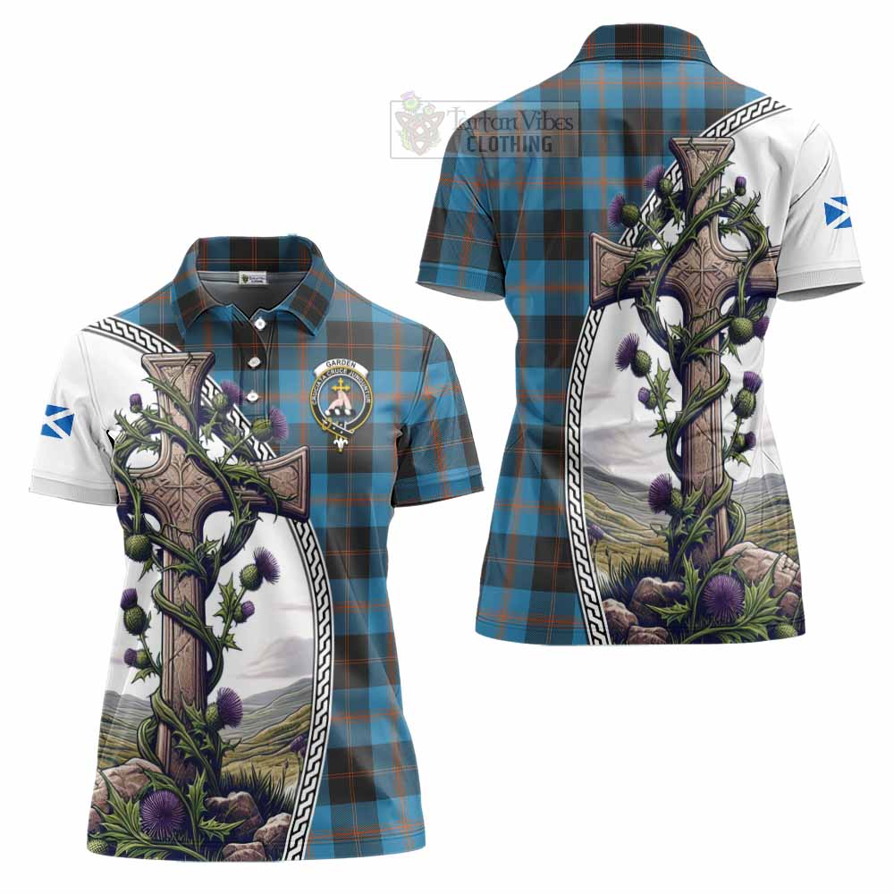 Tartan Vibes Clothing Garden (Gardyne) Tartan Women's Polo Shirt with Family Crest and St. Andrew's Cross Accented by Thistle Vines