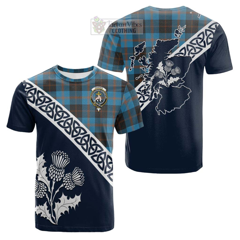 Tartan Vibes Clothing Garden (Gardyne) Tartan Cotton T-shirt Featuring Thistle and Scotland Map