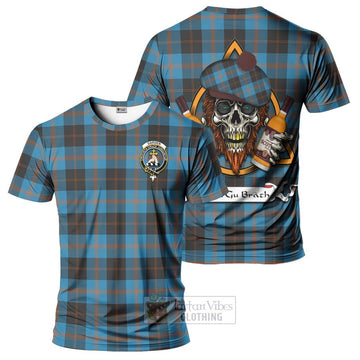 Garden (Gardyne) Tartan T-Shirt with Family Crest and Bearded Skull Holding Bottles of Whiskey