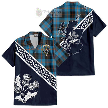 Garden (Gardyne) Tartan Short Sleeve Button Shirt Featuring Thistle and Scotland Map