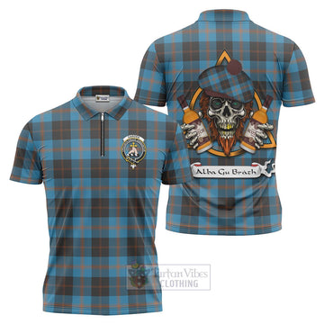 Garden (Gardyne) Tartan Zipper Polo Shirt with Family Crest and Bearded Skull Holding Bottles of Whiskey