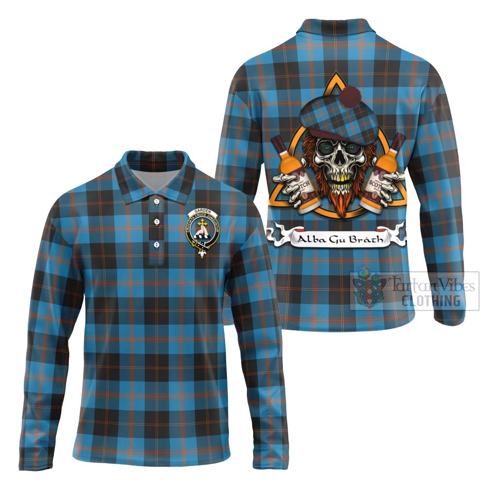 Tartan Vibes Clothing Garden (Gardyne) Tartan Long Sleeve Polo Shirt with Family Crest and Bearded Skull Holding Bottles of Whiskey