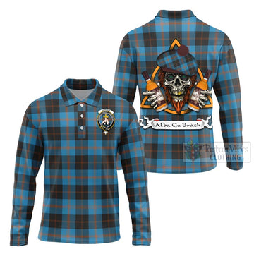 Garden (Gardyne) Tartan Long Sleeve Polo Shirt with Family Crest and Bearded Skull Holding Bottles of Whiskey