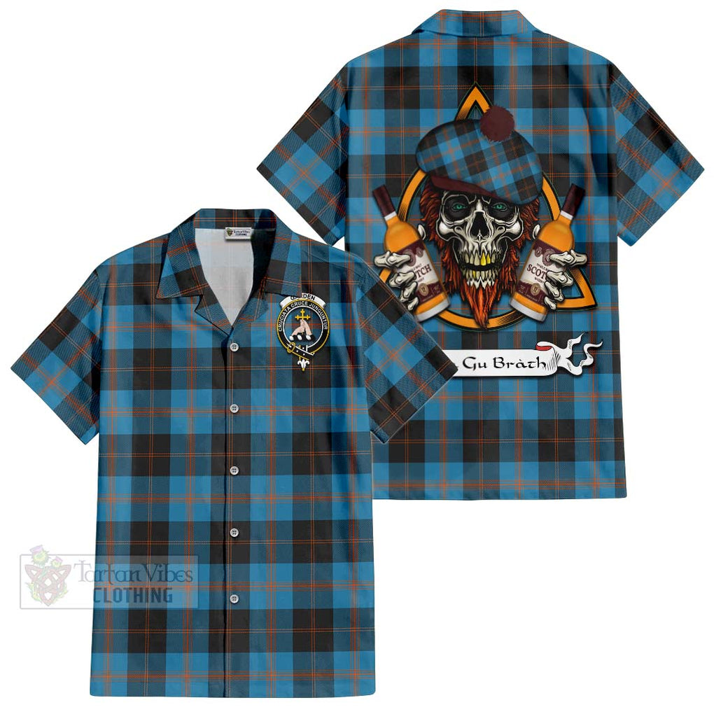 Tartan Vibes Clothing Garden (Gardyne) Tartan Short Sleeve Button Shirt with Family Crest and Bearded Skull Holding Bottles of Whiskey