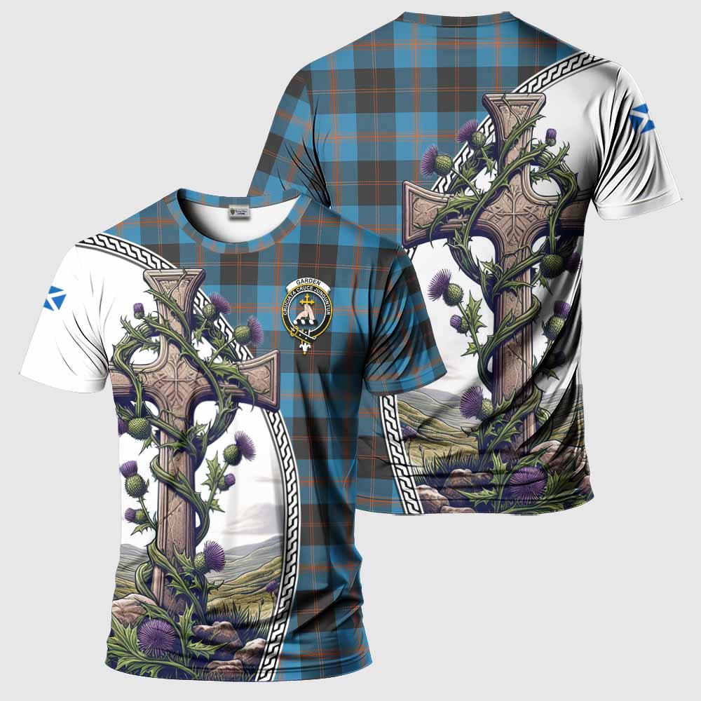 Tartan Vibes Clothing Garden (Gardyne) Agnew Tartan T-Shirt with Family Crest and St. Andrew's Cross Accented by Thistle Vines