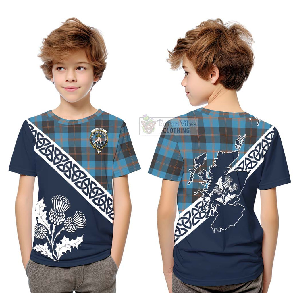 Tartan Vibes Clothing Garden (Gardyne) Tartan Kid T-Shirt Featuring Thistle and Scotland Map