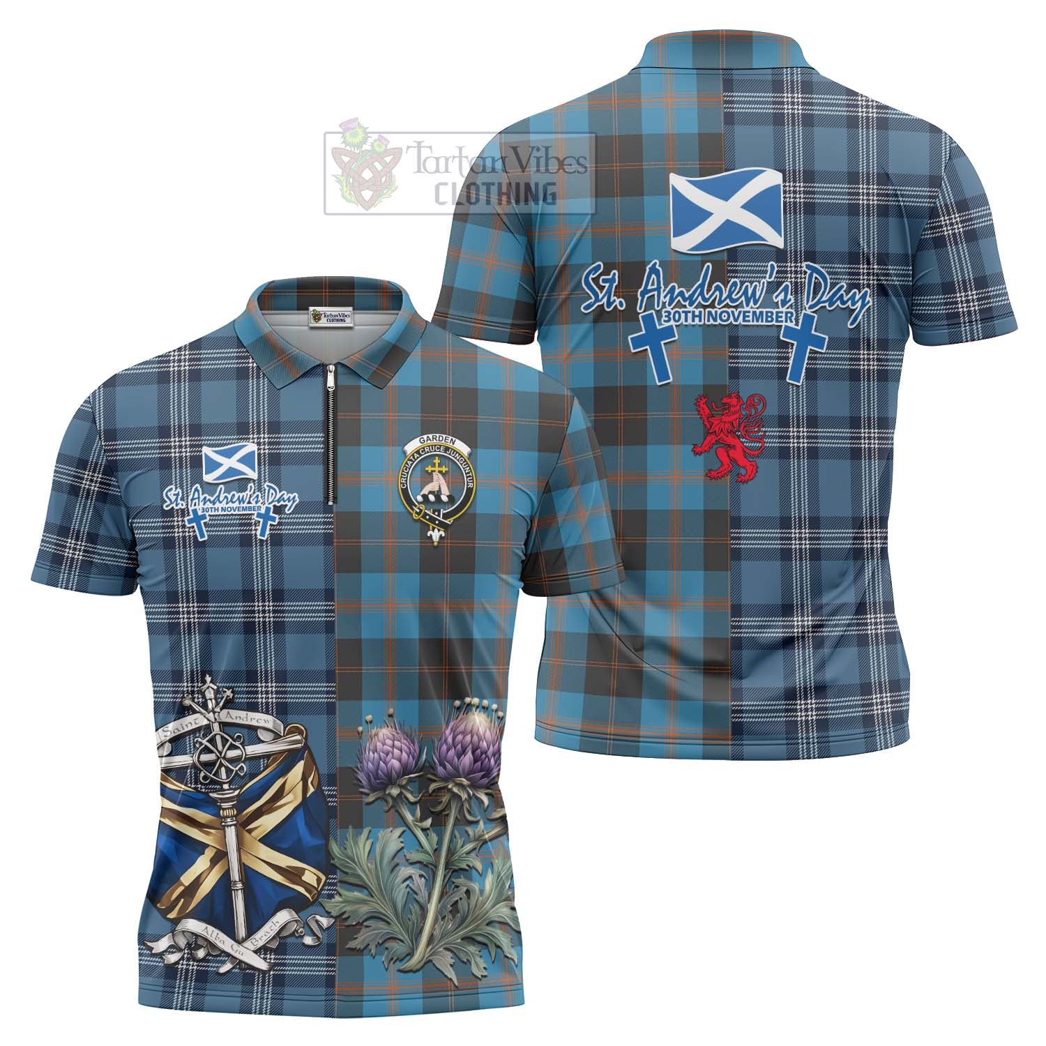 Tartan Vibes Clothing Garden (Gardyne) Tartan Zipper Polo Shirt Happy St. Andrew's Day Half Tartan Style