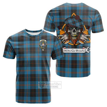 Garden (Gardyne) Tartan Cotton T-shirt with Family Crest and Bearded Skull Holding Bottles of Whiskey