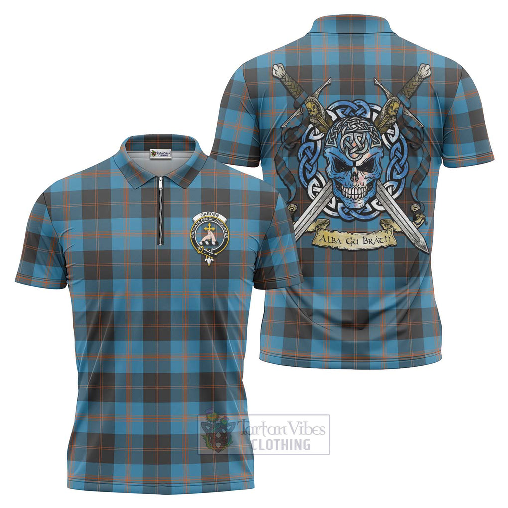 Tartan Vibes Clothing Garden (Gardyne) Tartan Zipper Polo Shirt with Family Crest Celtic Skull Style