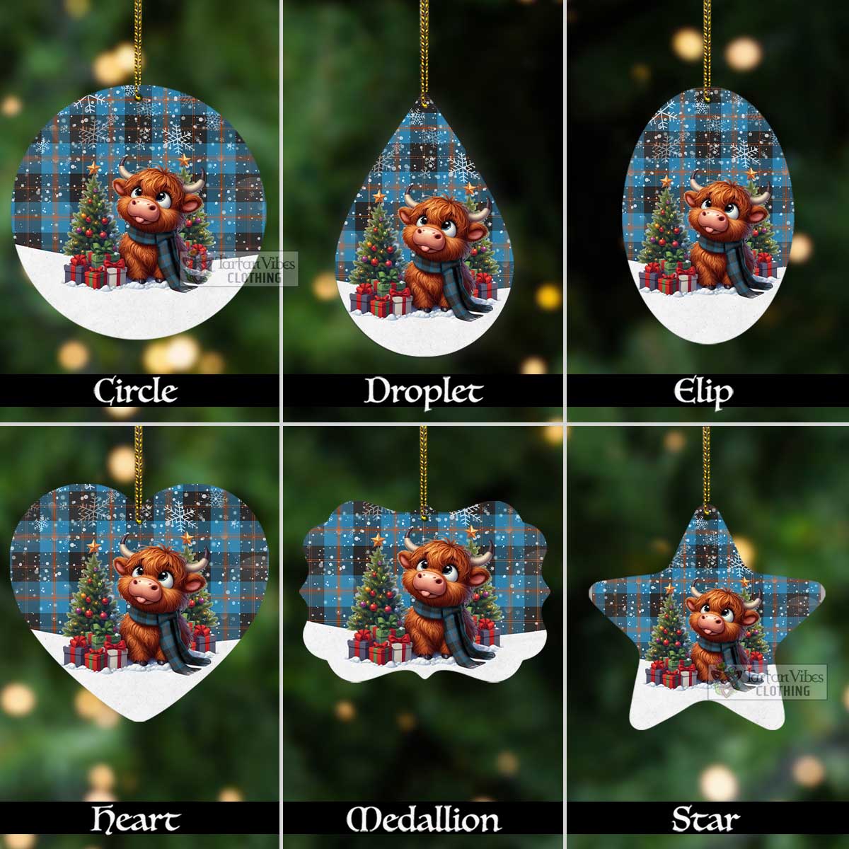 Tartan Vibes Clothing Garden (Gardyne) Tartan Christmas Aluminium Ornament with Adorable Highland Coo