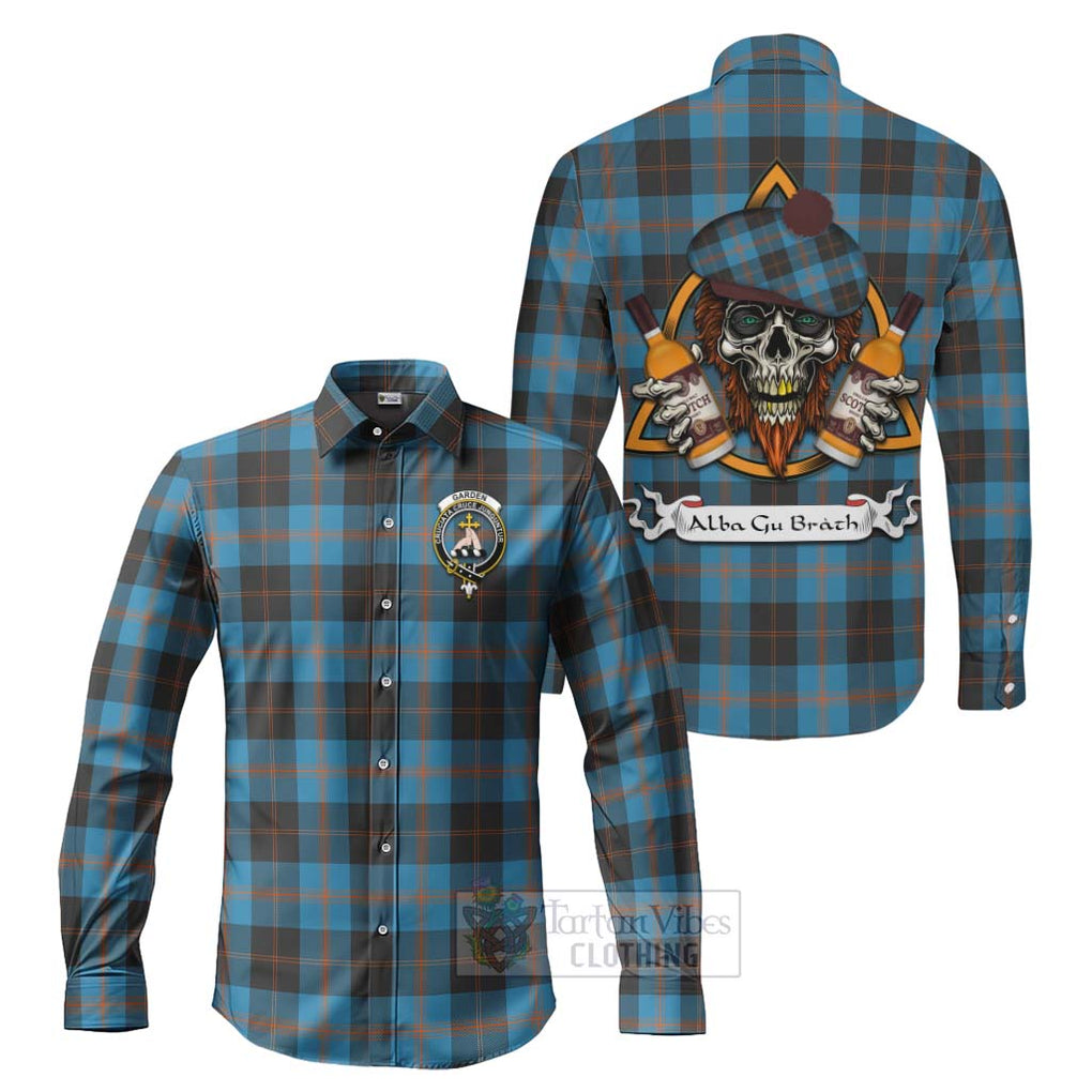 Tartan Vibes Clothing Garden (Gardyne) Tartan Long Sleeve Button Shirt with Family Crest and Bearded Skull Holding Bottles of Whiskey