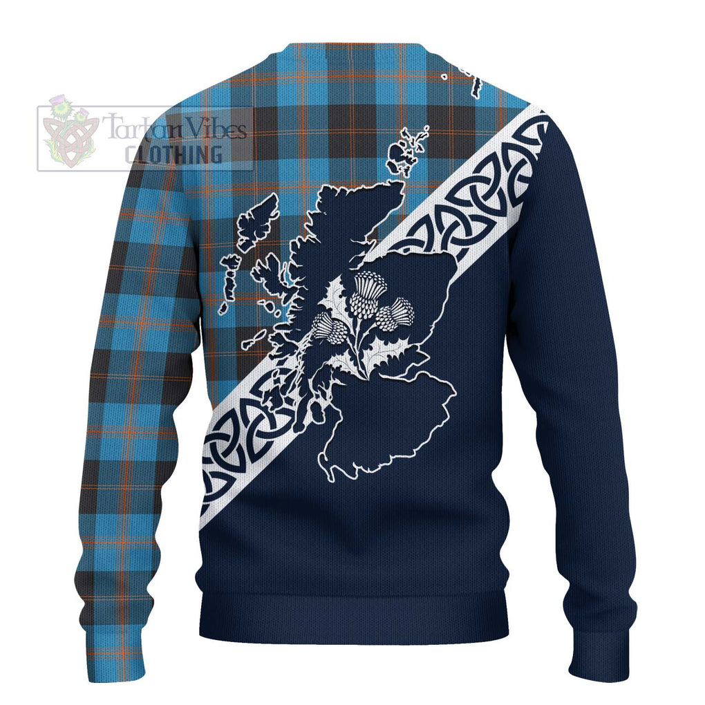 Tartan Vibes Clothing Garden (Gardyne) Tartan Knitted Sweater Featuring Thistle and Scotland Map