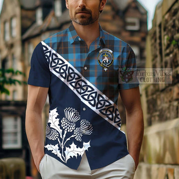 Garden (Gardyne) Tartan Short Sleeve Button Shirt Featuring Thistle and Scotland Map