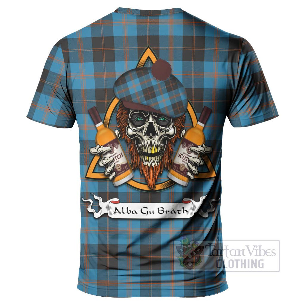 Tartan Vibes Clothing Garden (Gardyne) Tartan T-Shirt with Family Crest and Bearded Skull Holding Bottles of Whiskey