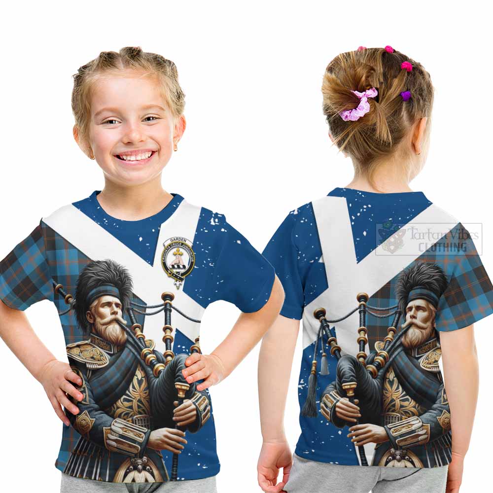 Tartan Vibes Clothing Garden (Gardyne) Tartan Kid T-Shirt with Family Crest Scottish Bagpiper Vibes