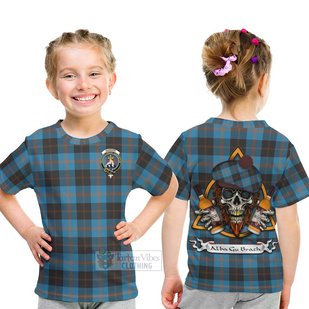 Tartan Vibes Clothing Garden (Gardyne) Tartan Kid T-Shirt with Family Crest and Bearded Skull Holding Bottles of Whiskey