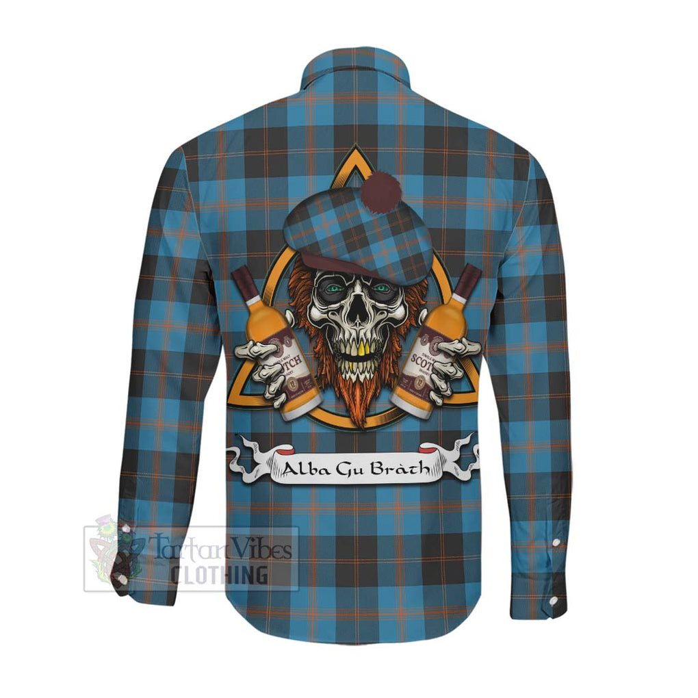 Tartan Vibes Clothing Garden (Gardyne) Tartan Long Sleeve Button Shirt with Family Crest and Bearded Skull Holding Bottles of Whiskey