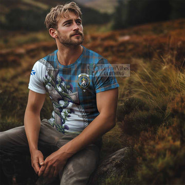 Garden (Gardyne) Tartan T-Shirt with Family Crest and St. Andrew's Cross Accented by Thistle Vines