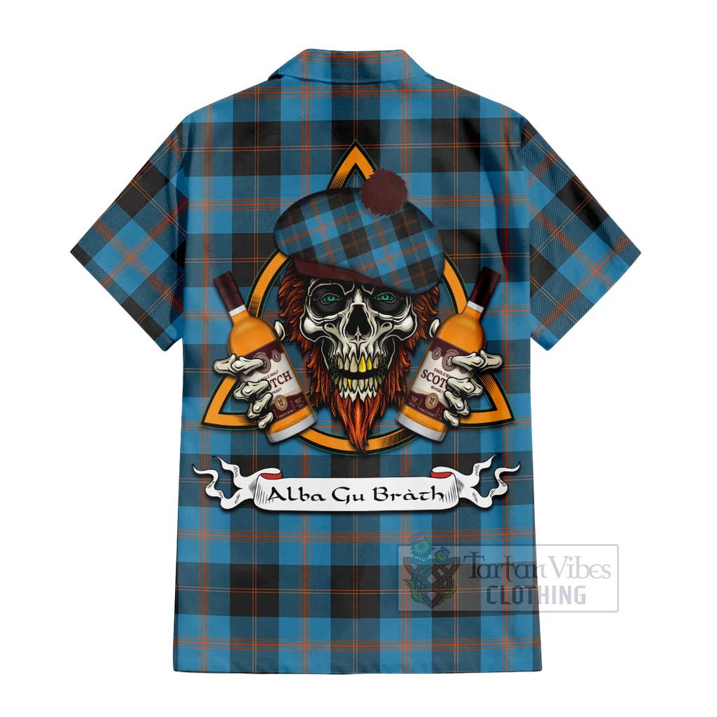 Tartan Vibes Clothing Garden (Gardyne) Tartan Short Sleeve Button Shirt with Family Crest and Bearded Skull Holding Bottles of Whiskey