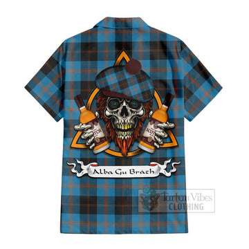 Garden (Gardyne) Tartan Short Sleeve Button Shirt with Family Crest and Bearded Skull Holding Bottles of Whiskey